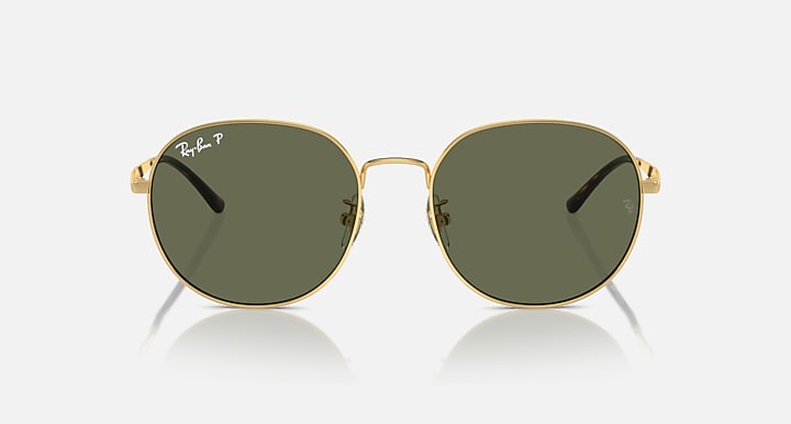 Round gold sunglasses with dark olive lenses, front view
