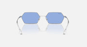 Hexagonal blue mirrored sunglasses with silver frame and curved nose pads