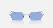 Hexagonal blue mirrored sunglasses front view with thin silver hinges