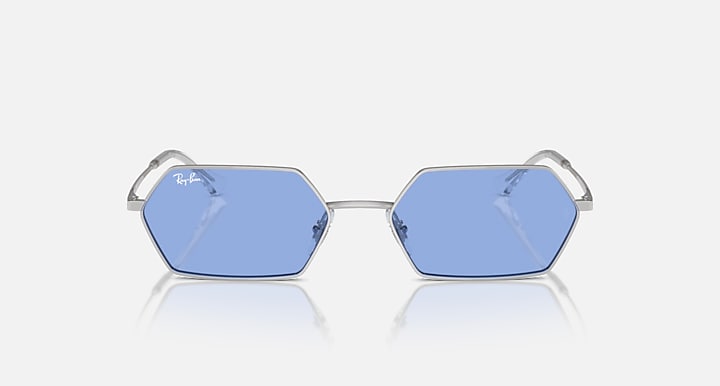 Hexagonal blue mirrored sunglasses front view with thin silver hinges