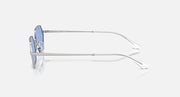 Hexagonal sunglasses side view with blue lens and silver metal frame