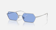 Hexagonal blue mirrored sunglasses with silver frame and slim arms