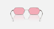 Hexagonal sunglasses with pink mirrored lenses and rose-pink frame, slightly angled