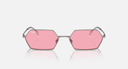 Hexagonal sunglasses with pink mirrored lenses and rose-pink metal frame, front view