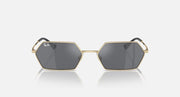 Hexagonal dark mirrored sunglasses front view with light gold frame