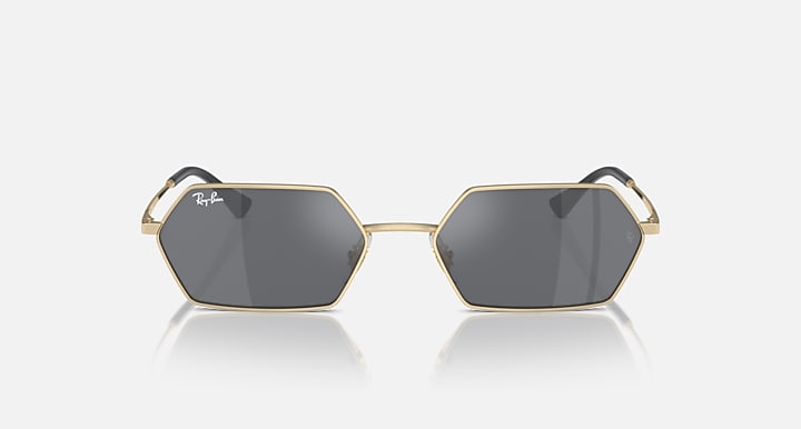 Hexagonal dark mirrored sunglasses front view with light gold frame