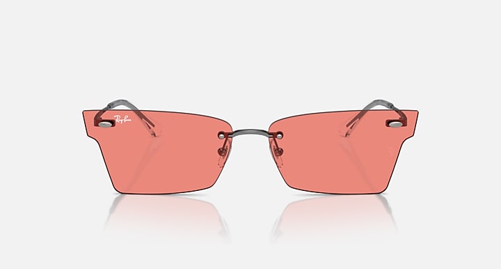 Ray-Ban Xime RB3730 front view, gunmetal rectangular frame with coral-pink lenses