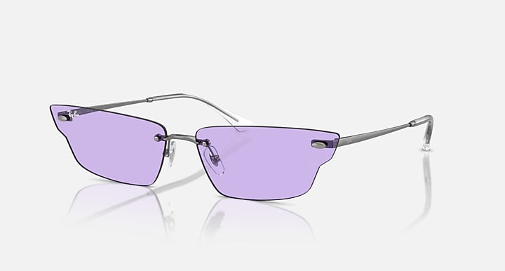 Ray-Ban sunglasses with purple gradient lenses and metal frame, side view
