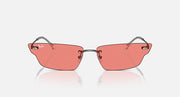 Ray-Ban coral pink rectangular sunglasses, front view with orange lenses