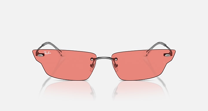 Ray-Ban coral pink rectangular sunglasses, front view with orange lenses