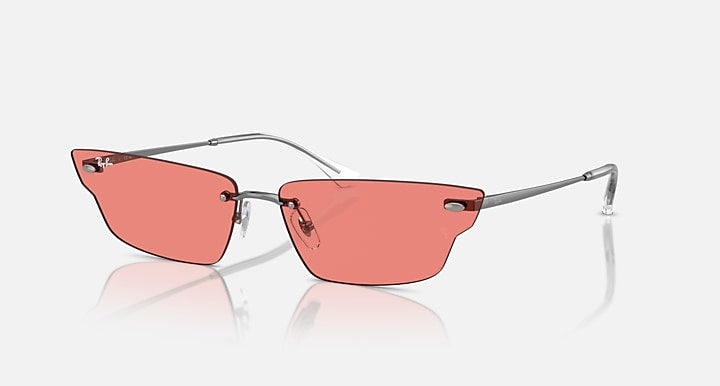 Ray-Ban coral pink sunglasses with orange-tinted lenses and silver temples