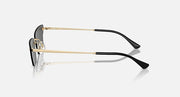 Ray-Ban black sunglasses, side view with gold accents and dark lenses