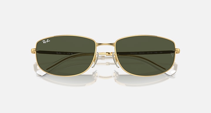 Gold-tone sunglasses with dark green mirrored lenses and rectangular frames