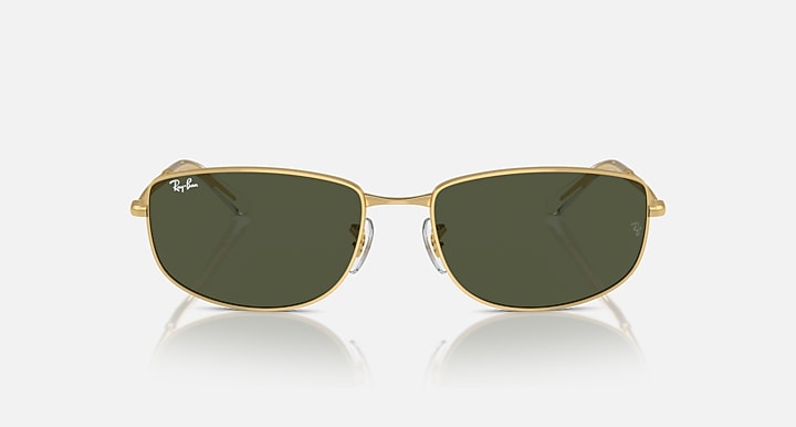 Gold-tone rectangular sunglasses with dark green lenses, front view