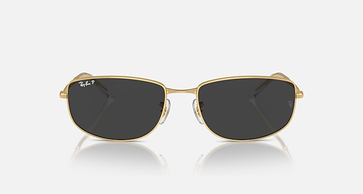 Gold-tone rectangular sunglasses with dark (black) lenses, front view