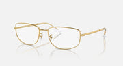 Gold metal frame sunglasses with clear lenses and rectangular wrap silhouette