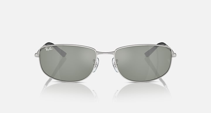 Silver-frame sunglasses with dark green mirrored lenses, front view