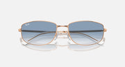 Rose gold sunglasses with blue gradient lenses and rounded rectangular shape