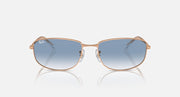 Rose gold sunglasses with blue mirrored lenses, centered front view
