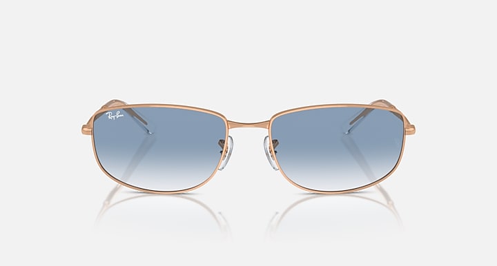 Rose gold sunglasses with blue mirrored lenses, centered front view