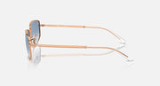Rose gold sunglasses side view with blue lenses and clear temple details