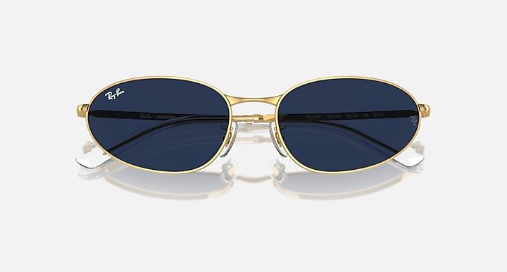 Gold metal round sunglasses with dark blue mirrored lenses, front view