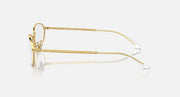 Gold metal sunglasses, side profile, clear lenses and adjustable nose bridge