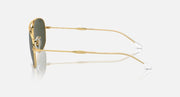 Gold oval sunglasses side view with clear arms and dark green lens edge