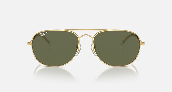 Gold aviator sunglasses with dark green mirrored lenses and wireframe bridge