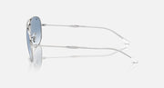 Ray-Ban metal sunglasses side view with light blue gradient lenses and clear temples