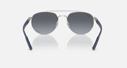 Ray-Ban sunglasses with dark lenses and blue frame, metal bridge detail