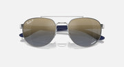 Ray-Ban sunglasses with silver frame, blue temples, brown gradient mirrored lenses