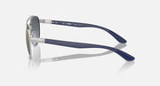 Ray-Ban sunglasses side view with silver metal frame and navy temple arms