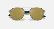 Ray-Ban sunglasses front view with olive mirrored lenses and silver center bridge