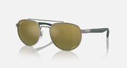 Ray-Ban sunglasses with silver frame, dark green temples, olive mirrored lenses