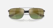 Ray-Ban Chromance RB3737CH sunglasses, angled view; green mirrored lenses, silver frame