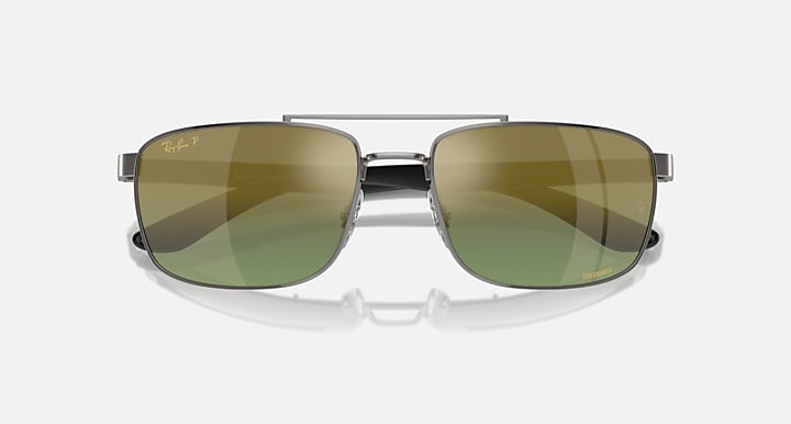 Ray-Ban Chromance RB3737CH sunglasses, angled view; green mirrored lenses, silver frame
