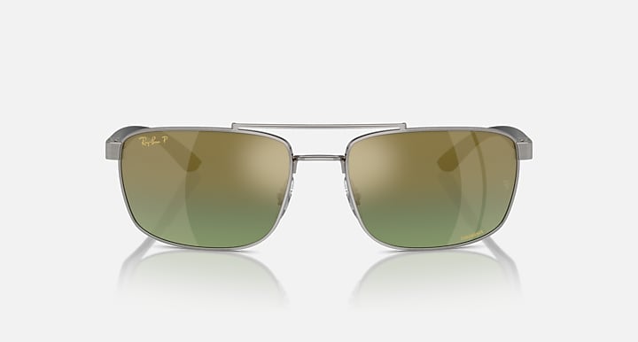Ray-Ban Chromance RB3737CH sunglasses, green lenses, silver rectangular frame, front view