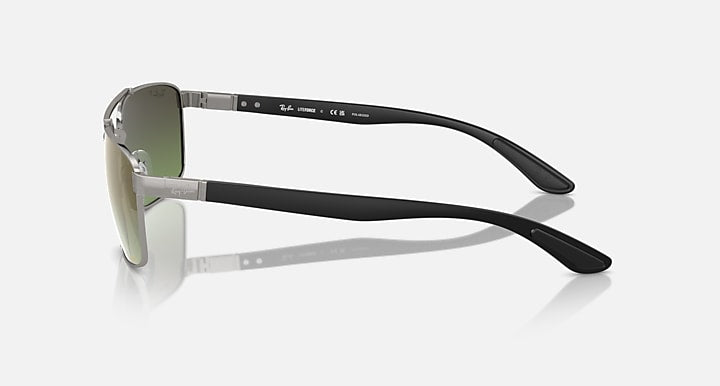 Ray-Ban Chromance RB3737CH sunglasses, side view; green lenses, silver frame, black temple arms