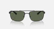 Sunglasses with dark green lenses and black frame, full front view