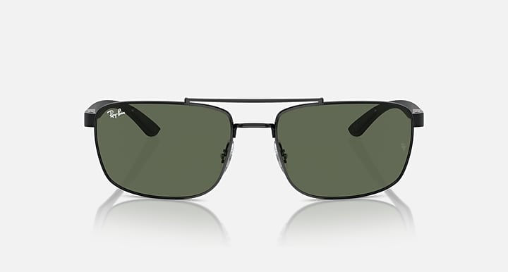 Sunglasses with dark green lenses and black frame, full front view