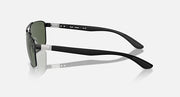 Sunglasses side view with dark green lens and black metal temple arms