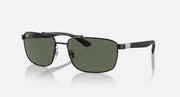 Sunglasses with dark green lenses and black rectangular frame with silver accents
