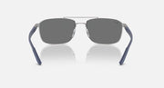 Sunglasses front view with grey lenses and blue-accented frame