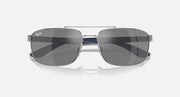 Sunglasses top view with grey mirrored lenses and silver metal frame