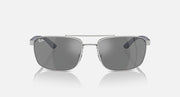 Sunglasses with grey mirrored lenses and silver rectangular frame