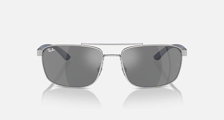 Sunglasses with grey mirrored lenses and silver rectangular frame