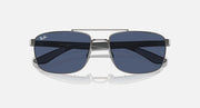 Rectangular sunglasses with dark mirrored lenses and silver frame, straight front view