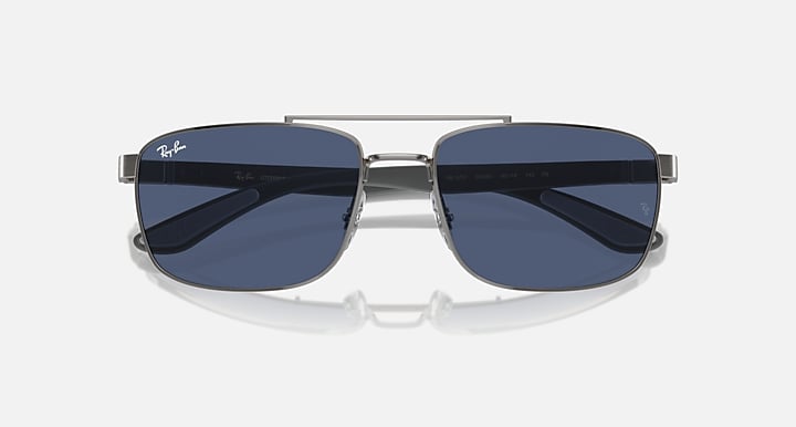 Rectangular sunglasses with dark mirrored lenses and silver frame, straight front view