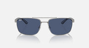 Rectangular metal sunglasses with dark blue lenses and silver bridge, front view
